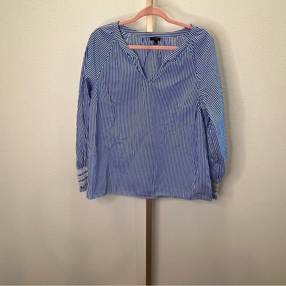 Talbots SMOCKED RAGLAN POPOVER - BUTTERFLY Blue STRIPE Large